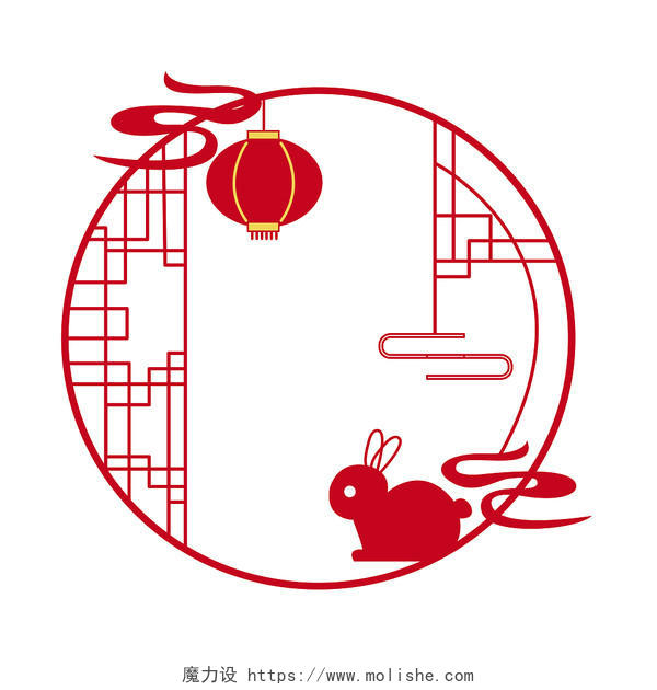 红色简约中式边框中秋边框兔子灯笼PNG素材